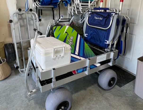 Beach Cart in Garage at Driftaway vacation home beach rental by owner in Scarborough, Maine